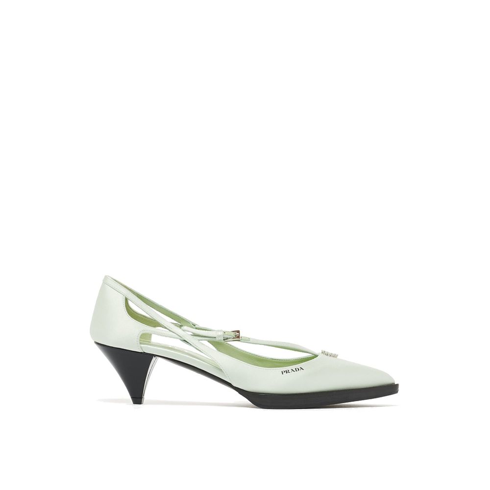 Side view of Prada Green Silk Mid Heel Pumps with pointed toe, metal buckle closure, and jeweled ornament, featuring a 5.5 cm heel.