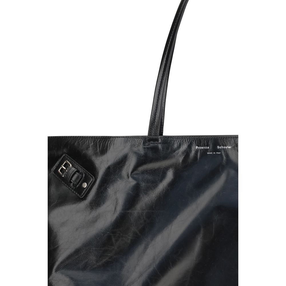 Close-up of Proenza Schouler Black Leather Shoulder Bag with silver-tone side buckle and glossy finish.