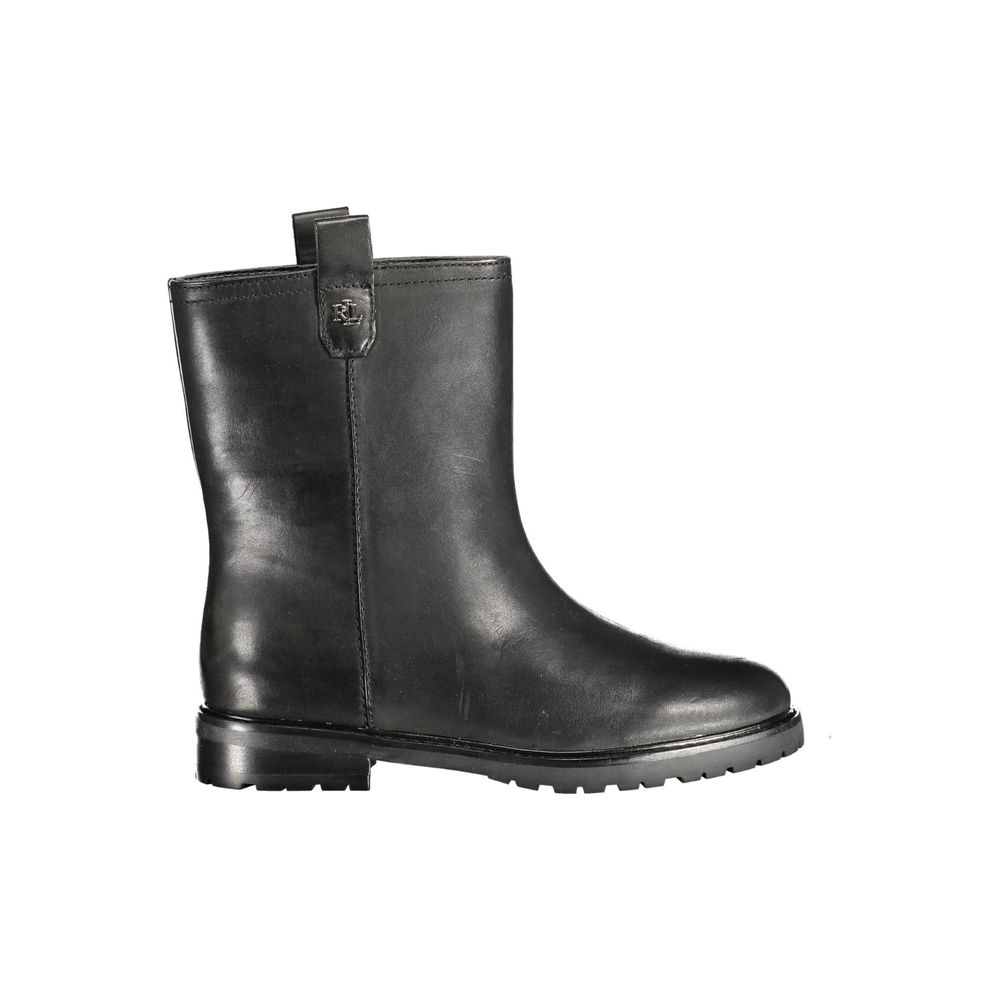 Ralph Lauren Black Leather Women Boot - elegant Evelynn design with logo, versatile style, polyester and leather blend, black color.