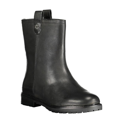 Ralph Lauren Black Leather Women Boot with iconic logo, elegant design, and contrasting materials, perfect for elevating any ensemble.