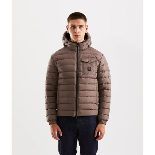 Refrigiwear Beige Nylon Men Jacket with hood, zip closure, and buttoned chest pocket showcasing urban elegance for men's city outings.