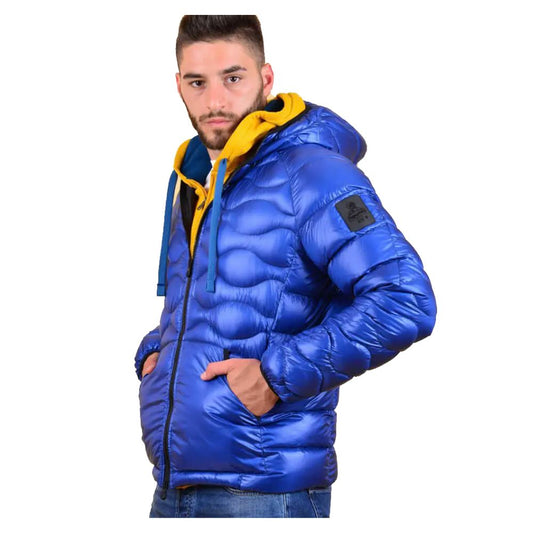 Refrigiwear Blue Nylon Men's Jacket with down padding, featuring a hood and stylish design, perfect for winter weather protection.