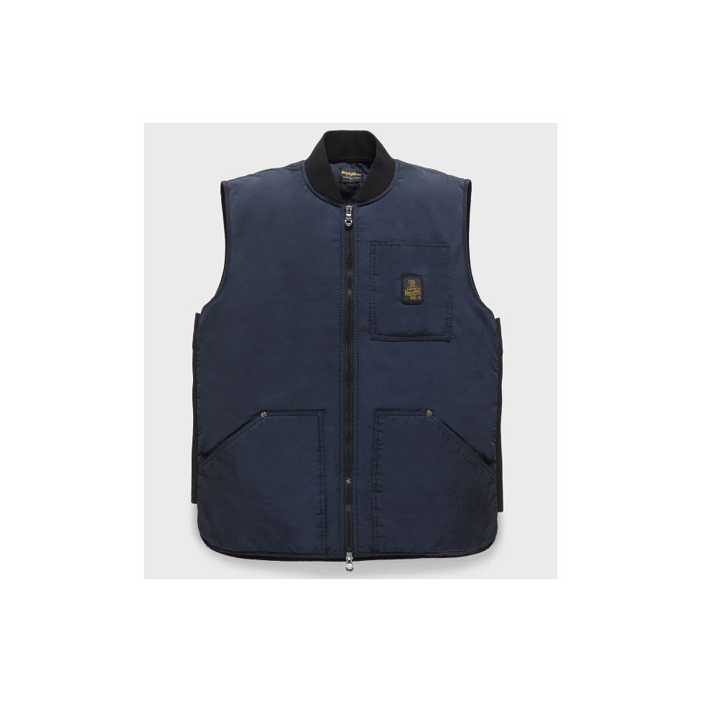 Refrigiwear Blue Polyamide Men Vest with zipper, three pockets, and breathable fabric, perfect for summer fashion and functionality.