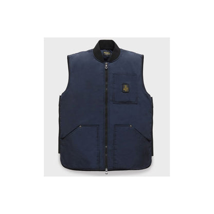Refrigiwear Blue Polyamide Men Vest with zipper, three pockets, and breathable fabric, perfect for summer fashion and functionality.