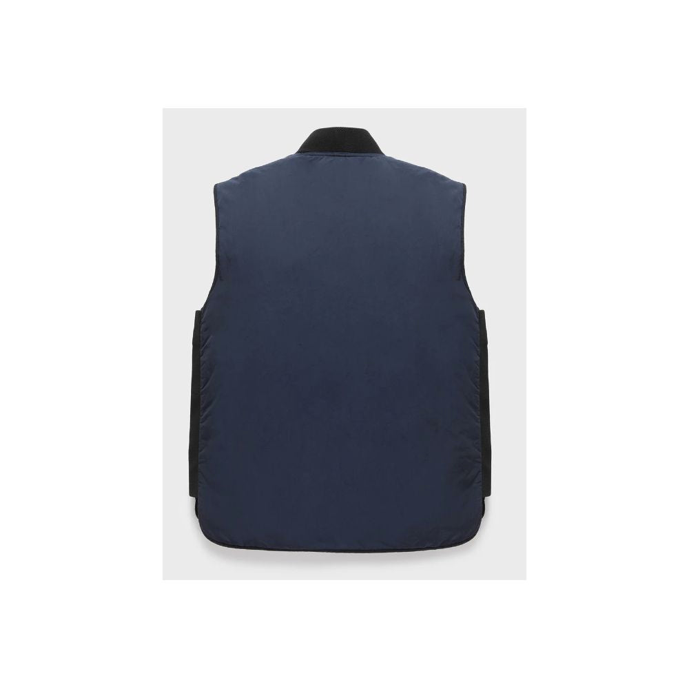 Back view of Refrigiwear Blue Polyamide Men Vest, showcasing sleek design and functionality with zipper closure and multiple pockets.