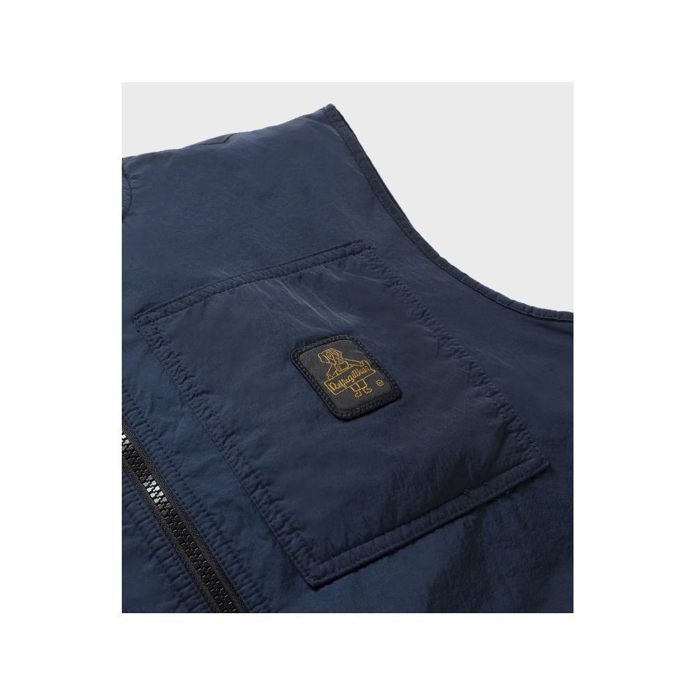 Refrigiwear Blue Polyamide Men Vest showcasing pocket detail and sleek zipper closure.