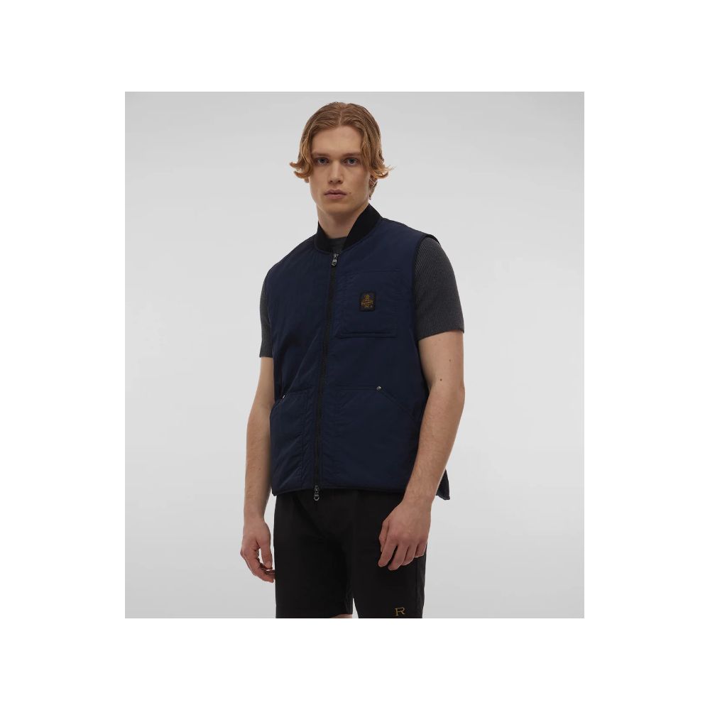 Refrigiwear Blue Polyamide Men Vest with zipper closure and pockets, modeled by a man, showcasing stylish and functional design.