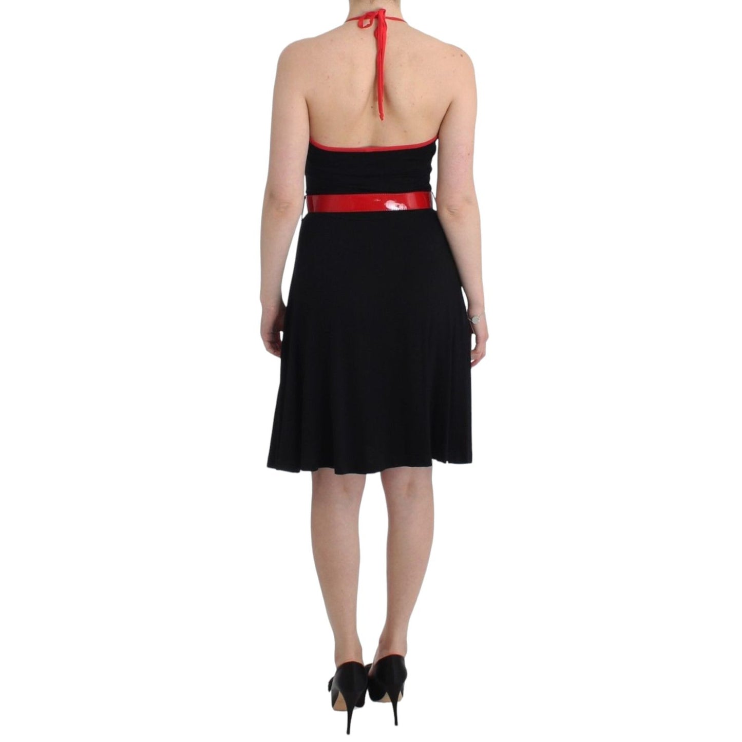 Roccobarocco Black belted palladio dress with red belt, knee length and sleeveless, back view.