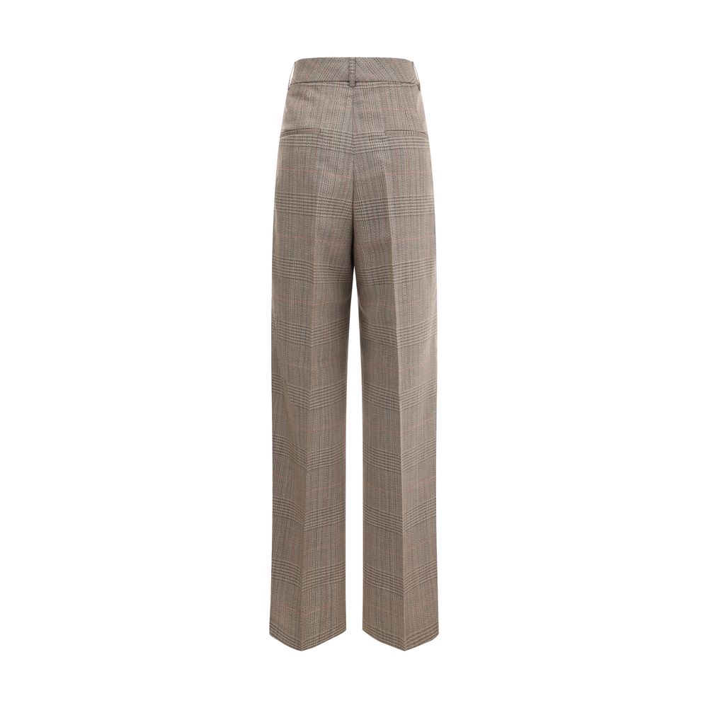 Front view of Rohe Beige Fleece Wool Casual Pants showcasing wide leg design and Prince of Wales fabric with front and back welt pockets.