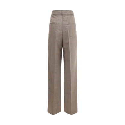 Front view of Rohe Beige Fleece Wool Casual Pants showcasing wide leg design and Prince of Wales fabric with front and back welt pockets.