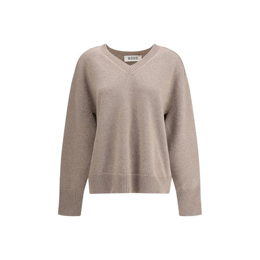 Rohe Beige Wool Sweatshirt - V-neck wool and cashmere blend jumper with ribbed details and contemporary cut-out sleeve design AW25 fashion.