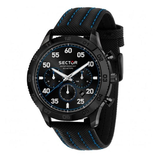 SECTOR Mod. 270 wristwatch with 45mm black stainless steel case, leather strap, quartz movement, chronograph, date display, and official box.