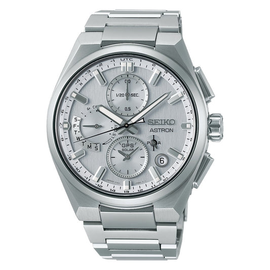 SEIKO ASTRON Mod. SOLAR GPS titanium wristwatch with sapphire dial, multifunction features, and 10 ATM water resistance.
