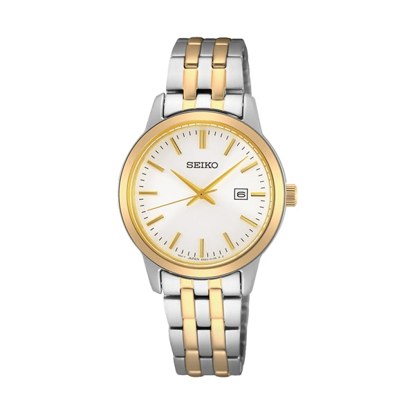 SEIKO WATCHES Mod. SUR410P1, elegant two-tone men's watch with white dial and date display, stylish design for everyday wear.