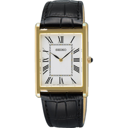 SEIKO WATCHES Mod. SWR104P1 with gold rectangular case and black leather strap