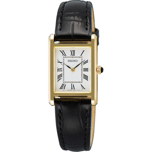 SEIKO WATCHES Mod. SWR108P1 - Elegant gold and black leather dress watch with Roman numerals on white dial.