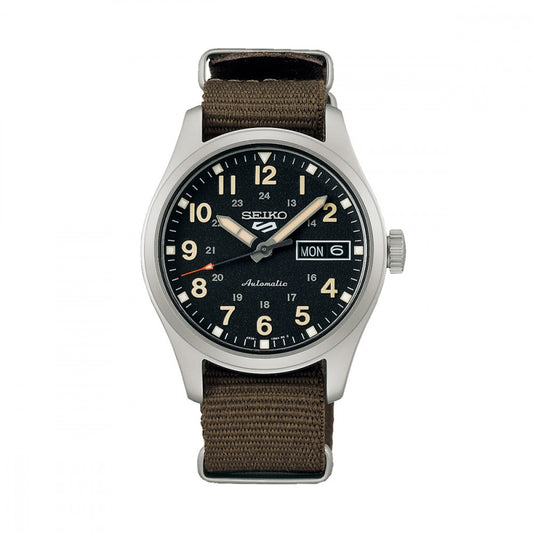 SEIKO MOD. SRPJ85K1 unisex wristwatch with stainless steel case and fabric strap, featuring day and date functions, in official packaging.