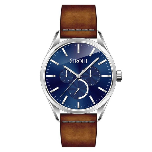 Elegant STROILI Mod. 1698369 watch with blue dial and brown leather strap, showcasing luxury timepiece craftsmanship.