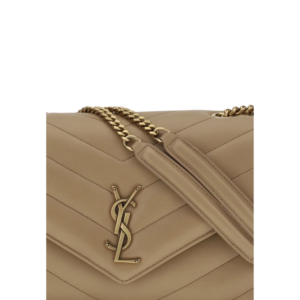 Saint Laurent Beige Calf Leather Bos Taurus Shoulder Bag with quilted design and brass logo detail.