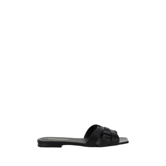 Saint Laurent Black Calf Leather Bos Taurus Flat Sandals with braided design, square toe, and slight leather block heel, ital