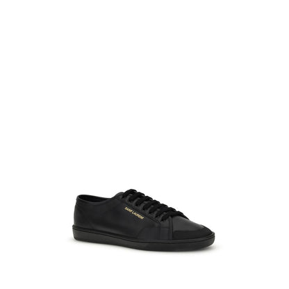 Saint Laurent Black Calf Leather Bos Taurus Low Top Sneakers with gold signature and rubber sole, perfect for elegant style.