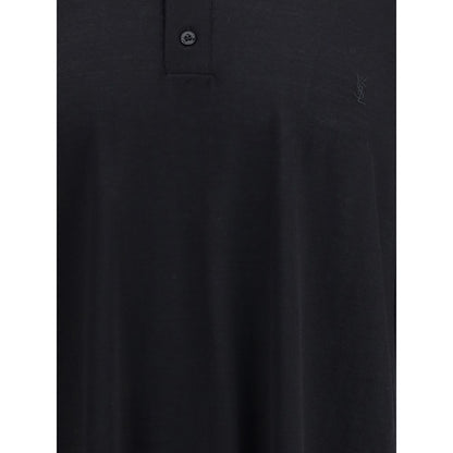 Saint Laurent Black Wool Polo Shirt with ribbed collar and three-button front closure, showcasing refined elegance for AW25 season.