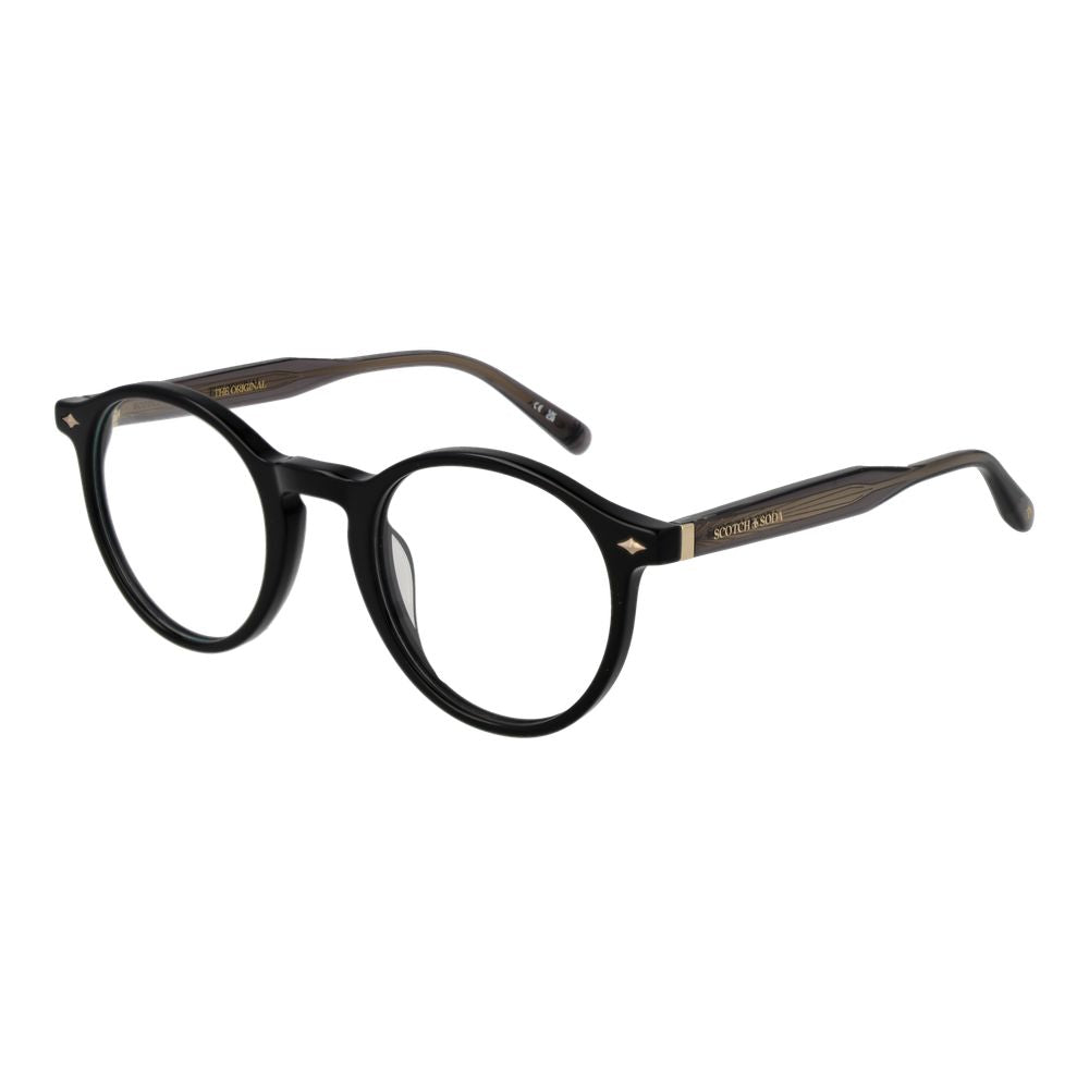 Scotch & Soda Black Women Glasses Frame with acetate round full-rim style, 53-16-145 size, demo lenses, includes branded case.