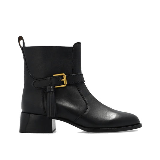See By Chloé Black Calfskin Ankle Boots with side zip and adjustable strap, 100% calf leather, made in Spain