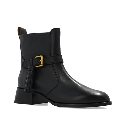 See By Chloé Black Calfskin Ankle Boots with adjustable strap, side zip fastening, and rubber sole.