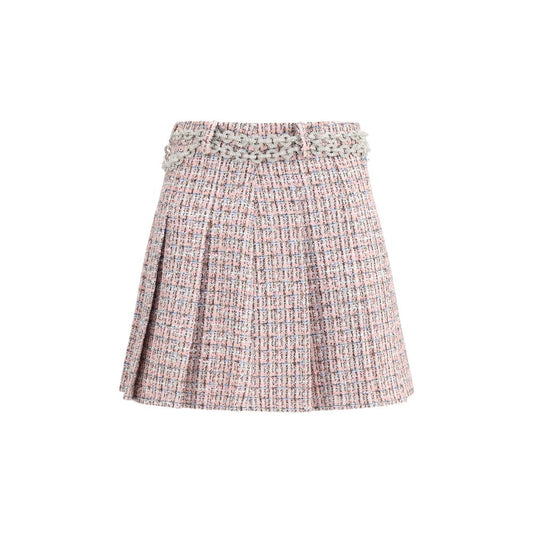 Self-Portrait Multicolor Wool Mini Skirt with rhinestone belt, pink pleated bouclé fabric, and hidden side zipper, AW25 season style.