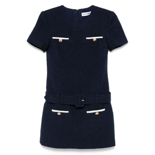 Self-portrait Dresses Blue Boucle mini dress with navy blue color, belted waist, chest welt pockets, and concealed rear zip.