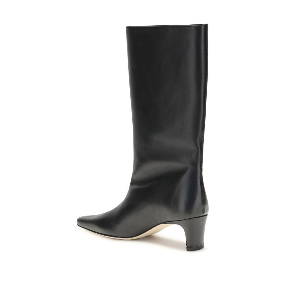 Staud Black Lamb Ovis Aries Aries Boots; smooth leather, modern calf-height, elegant silhouette, versatile and sophisticated style.