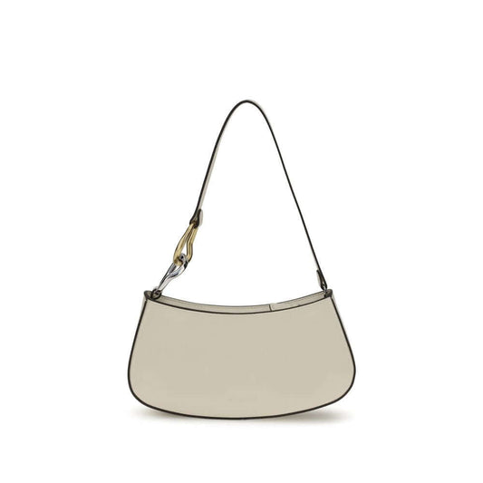 Staud Cream Calf Leather Bos Taurus Shoulder Bag with flat strap and zippered top closure, featuring a double snap hook detail.