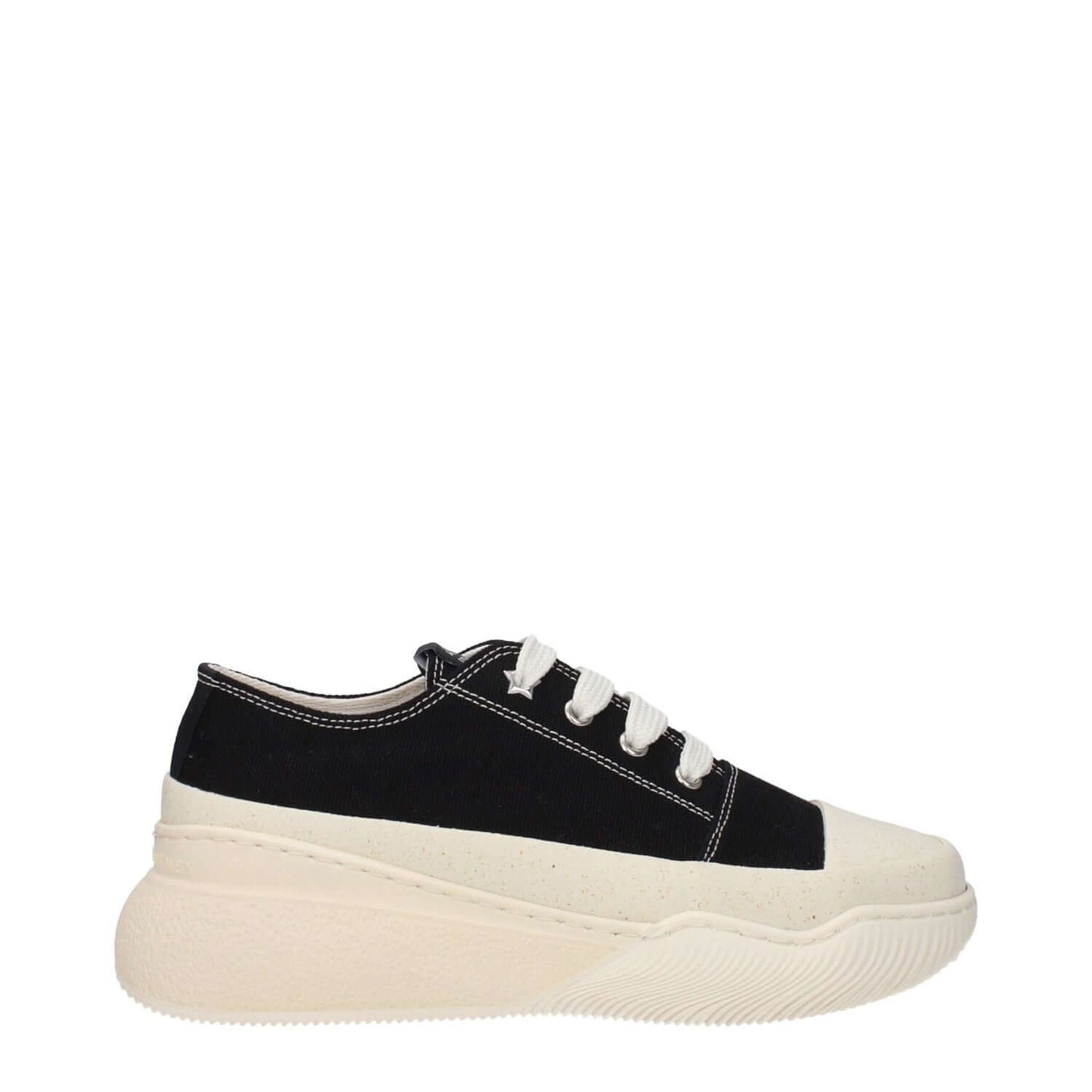 Stella McCartney Black Fabric Chunky Sneakers with rubber sole and lace-up closure, featuring a round toe and mid heels.