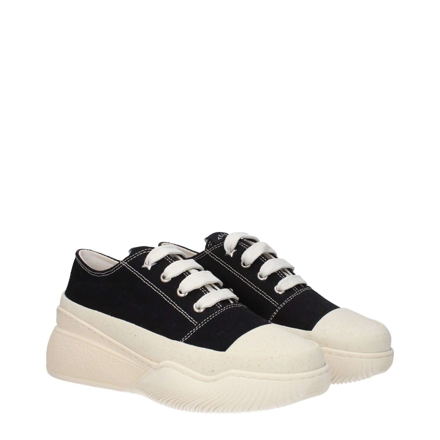 Stella McCartney Black Fabric Chunky Sneakers with rubber sole and round toe design, featuring lace up closure and mid-height wedge heel.