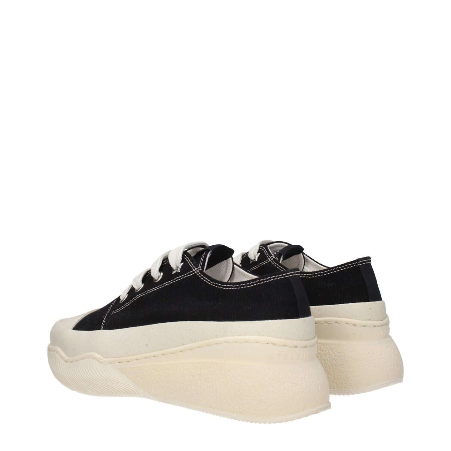 Stella McCartney Black Fabric Chunky Sneakers with lace-up closure, rubber sole, and logos, featuring a 5 cm wedge and round toe.