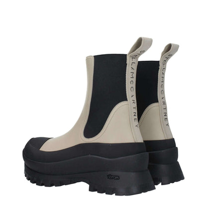 Stella McCartney Black Leather Ankle Boots with back logo and mid heels, eco-friendly design with taupe and black colors.