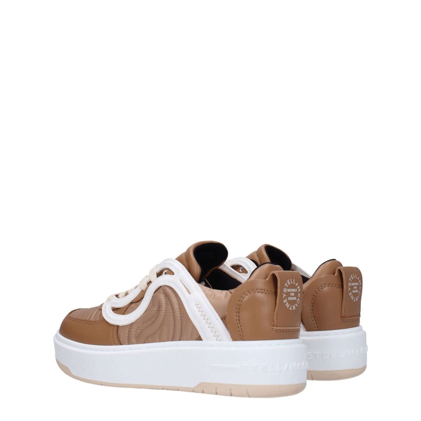 Stella McCartney Brown Fabric Chunky Sneakers with front and back logo, lace-up closure, round toe, low flat heel, rubber sole.