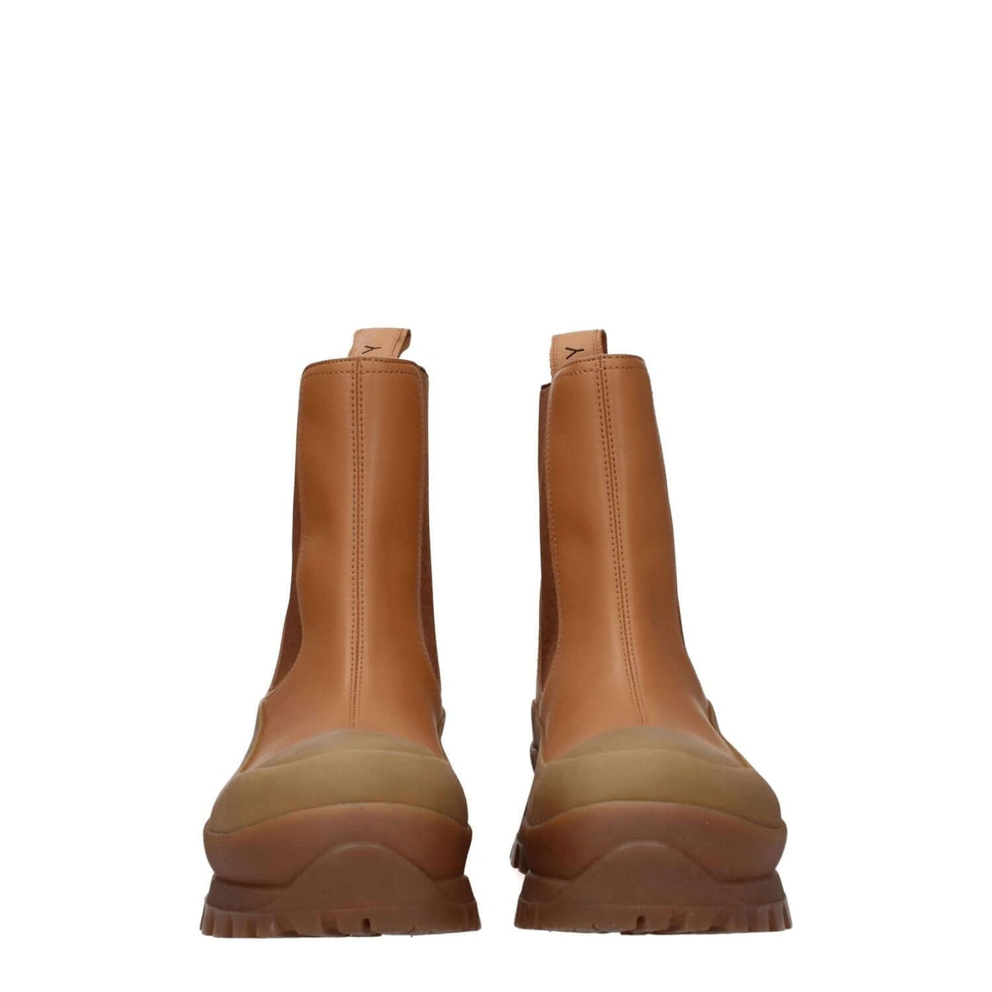 Back view of Stella McCartney Brown Leather Ankle Boots with eco leather, rubber sole, and round toe design.