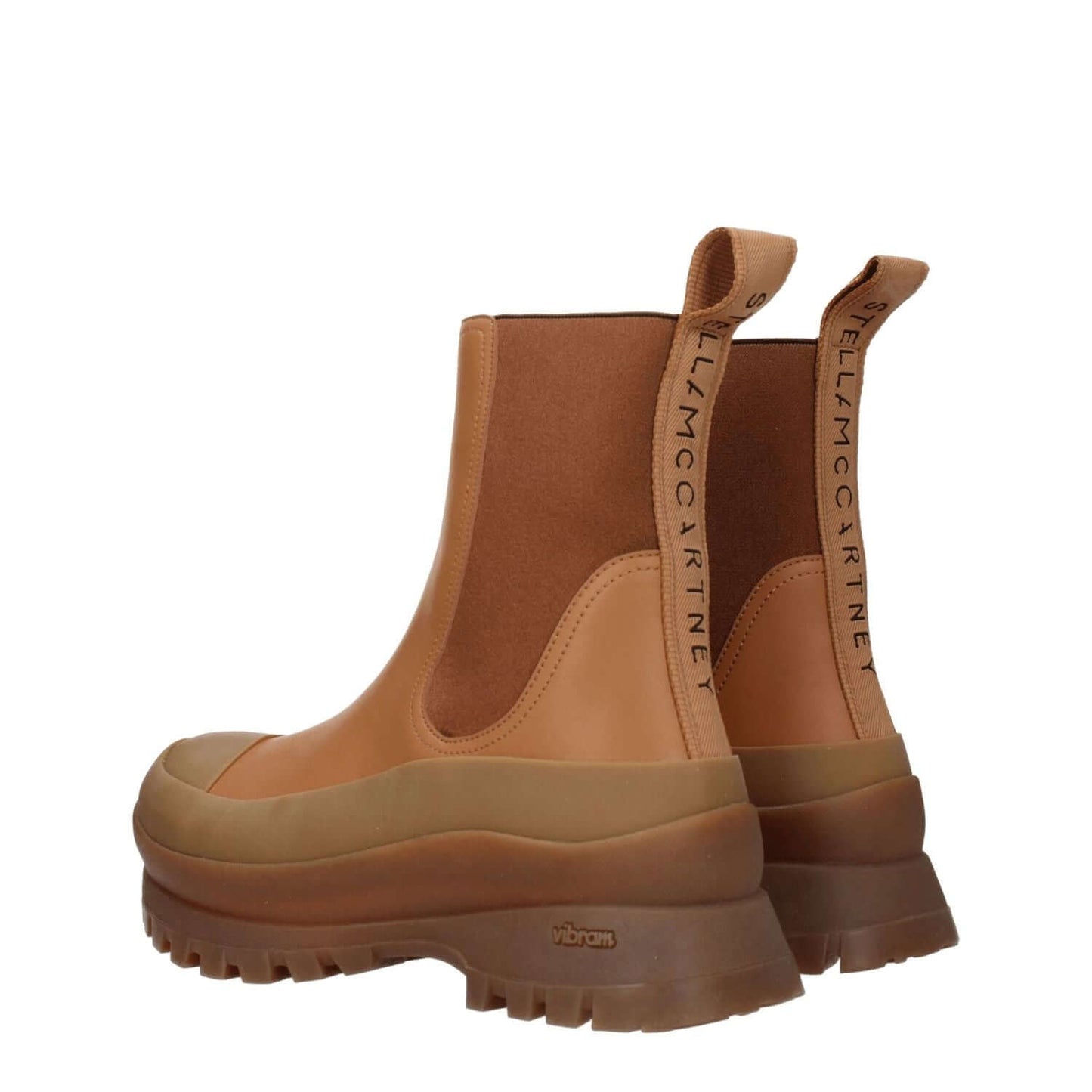 Stella McCartney Brown Leather Ankle Boots with back logo, eco-friendly design, mid heels, rubber sole, casual style, round toe.