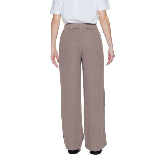 Street One Brown Cotton Pant, women's palazzo pants for spring/summer, 100% cotton, back view, comfortable and stylish.