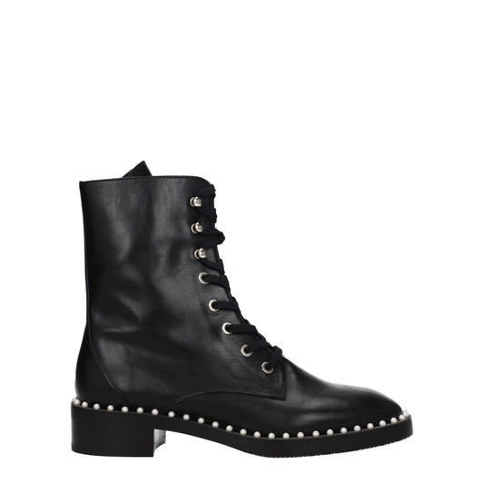 Stuart Weitzman Black Leather Ankle Boots with silver beaded details, punk rock style, lace-up closure, mid heels.