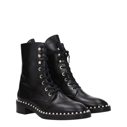 Stuart Weitzman Black Leather Ankle Boots with beaded detail and lace-up closure, mid heels, and rubber sole.