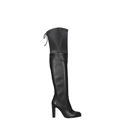 Stuart Weitzman Black Leather Over The Knee boot with high heel and drawstring closure, showcasing vintage and aged effects.