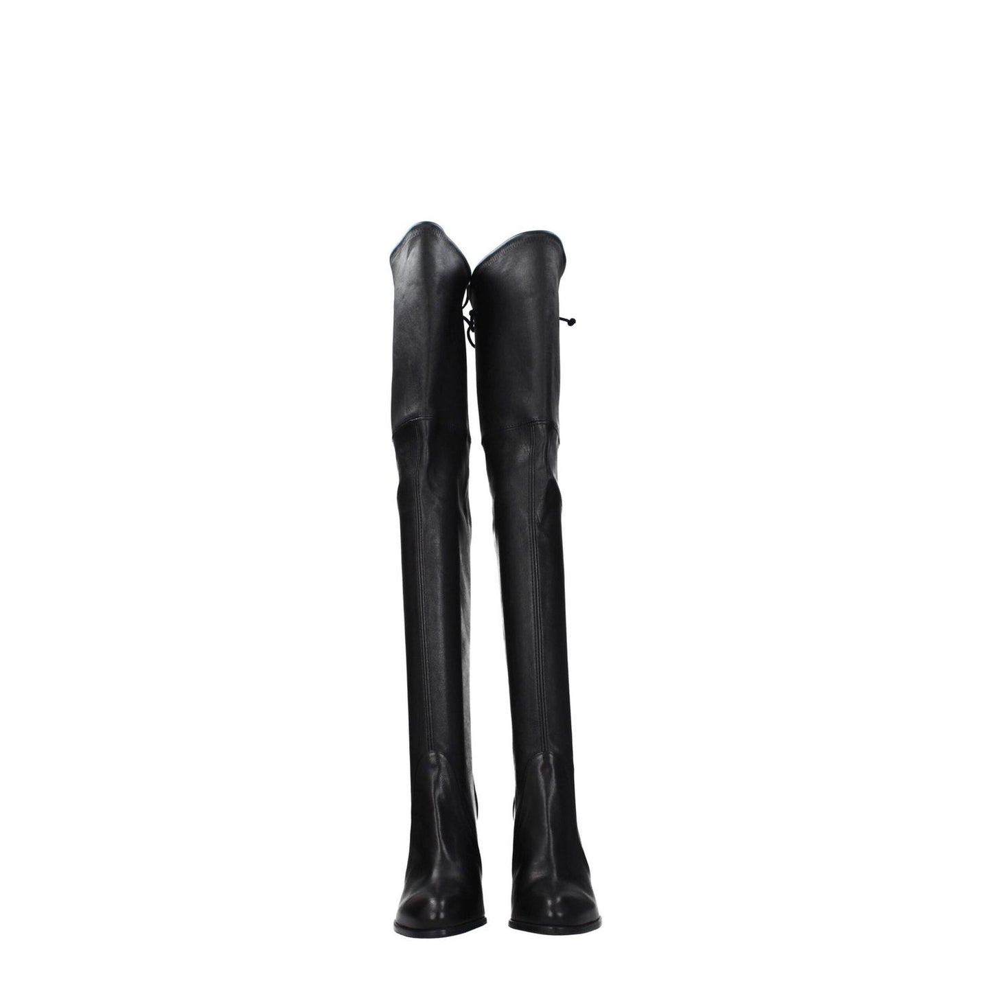 Stuart Weitzman Black Leather Over The Knee boots with high heel and round toe, featuring a vintage, aged effect and drawstring closure.