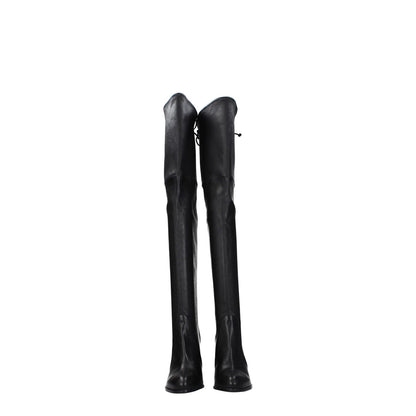 Stuart Weitzman Black Leather Over The Knee boots with high heel and round toe, featuring a vintage, aged effect and drawstring closure.