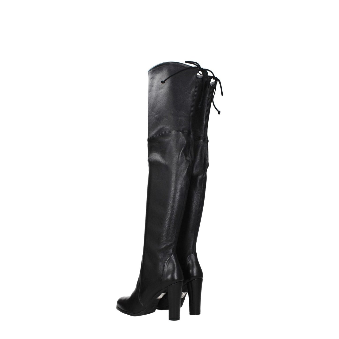 Stuart Weitzman Black Leather Over The Knee boots with drawstring closure, high heel, aged and vintage effect, round toe.