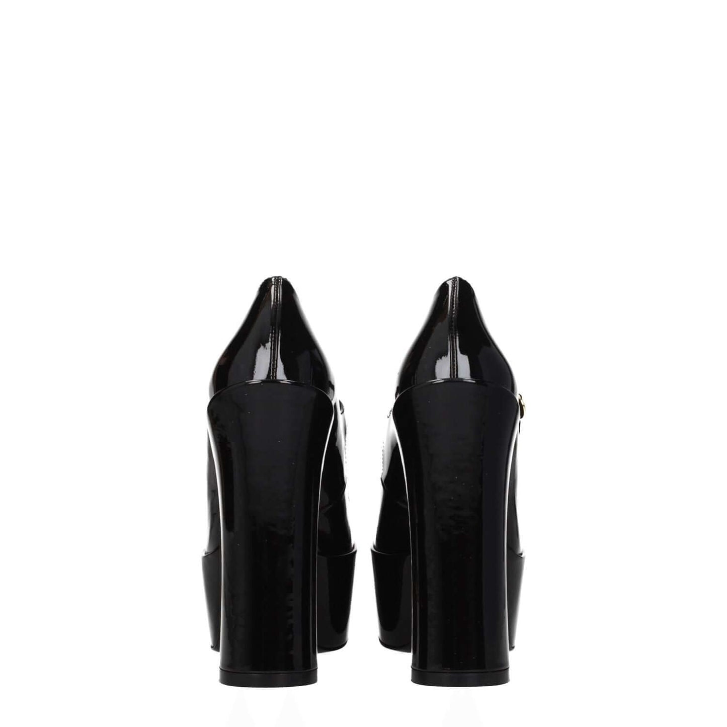 Back view of Stuart Weitzman Black Leather Platform Pumps with high heels and patent leather finish.