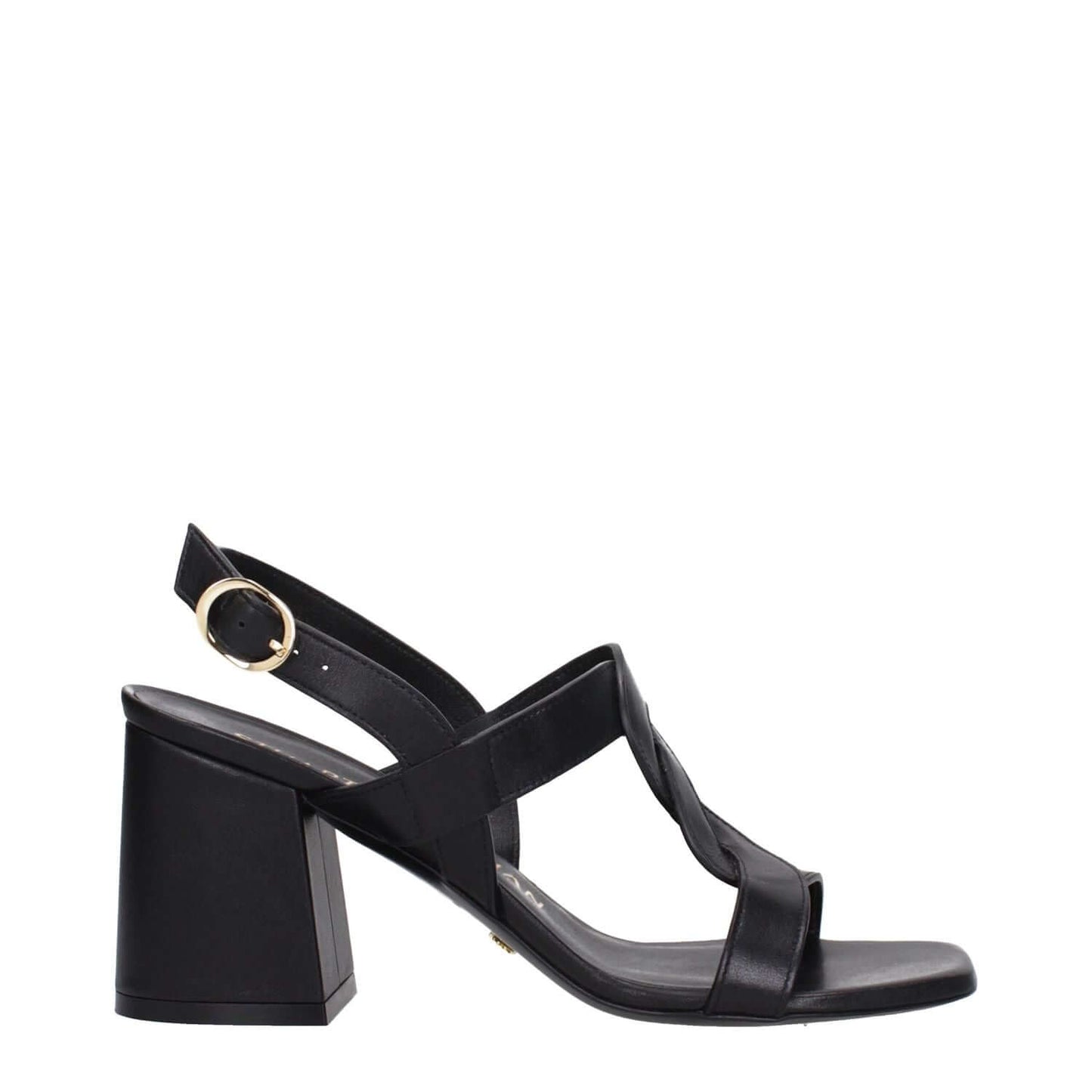 Stuart Weitzman Black Leather Platform Sandals with buckle closure, open toe, and mid heels, style F80709.