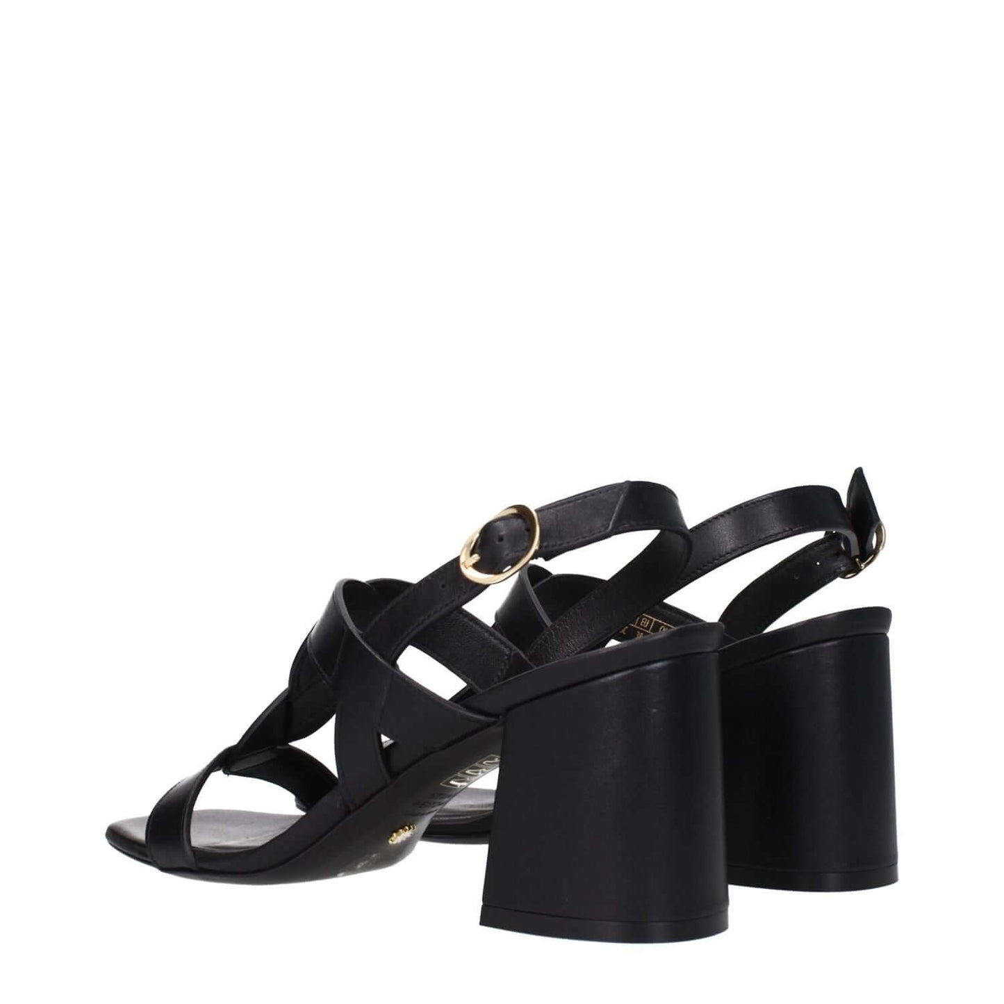 Stuart Weitzman Black Leather Platform Sandals with mid heels, open toe, and buckle closure shown from the back angle.